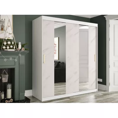 Zrkadlová šatníková skriňa 180 cm so zrkadlom a šuplíkmi CARSON 1 - biely mramor / biela / zlatá