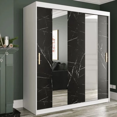 Zrkadlová šatníková skriňa 180 cm so zrkadlom a šuplíkmi CARSON 1 - čierny mramor / biela / zlatá