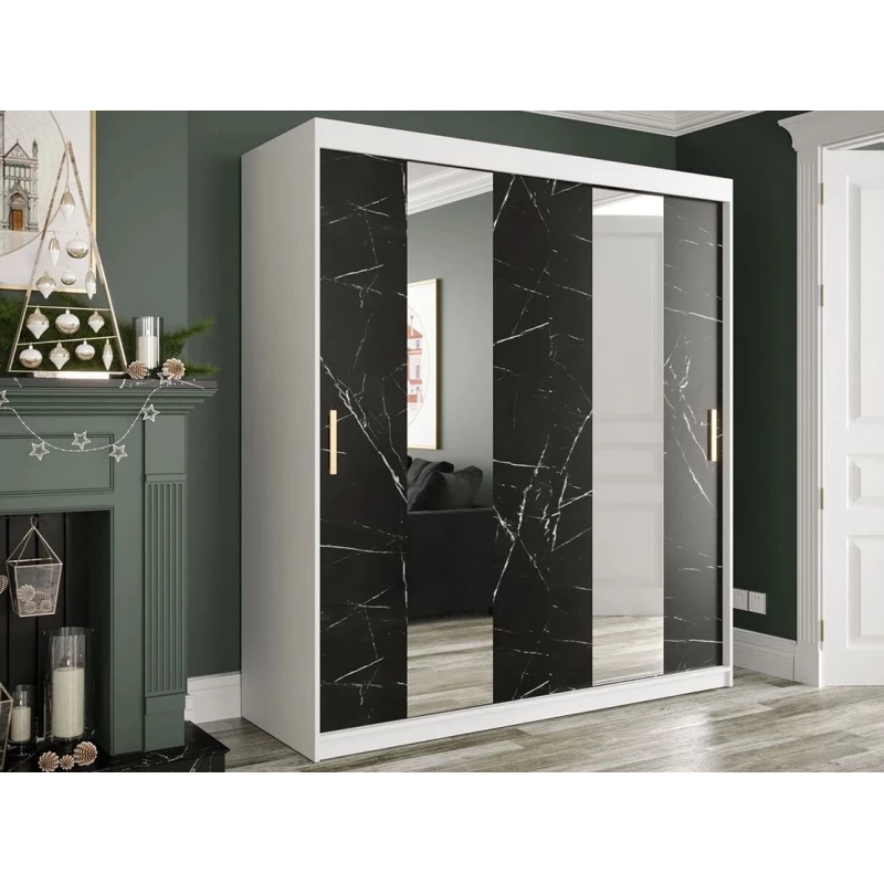 Zrkadlová šatníková skriňa 180 cm so zrkadlom a šuplíkmi CARSON 1 - čierny mramor / biela / zlatá
