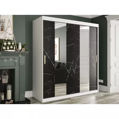 Zrkadlová šatníková skriňa 180 cm so zrkadlom a šuplíkmi CARSON 1 - čierny mramor / biela / zlatá