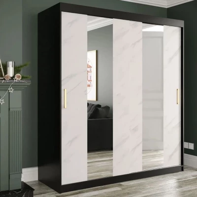 Zrkadlová šatníková skriňa 180 cm so zrkadlom a šuplíkmi CARSON 1 - biely mramor / čierna / zlatá