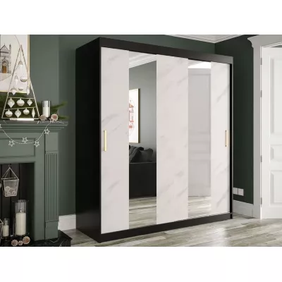 Zrkadlová šatníková skriňa 180 cm so zrkadlom a šuplíkmi CARSON 1 - biely mramor / čierna / zlatá