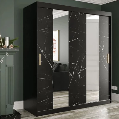 Zrkadlová šatníková skriňa 180 cm so zrkadlom a šuplíkmi CARSON 1 - čierny mramor / čierna / zlatá
