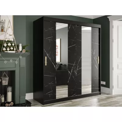 Zrkadlová šatníková skriňa 180 cm so zrkadlom a šuplíkmi CARSON 1 - čierny mramor / čierna / zlatá