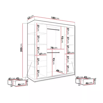 Zrkadlová šatníková skriňa 180 cm so zrkadlom a šuplíkmi CARSON 1 - čierny mramor / čierna / zlatá