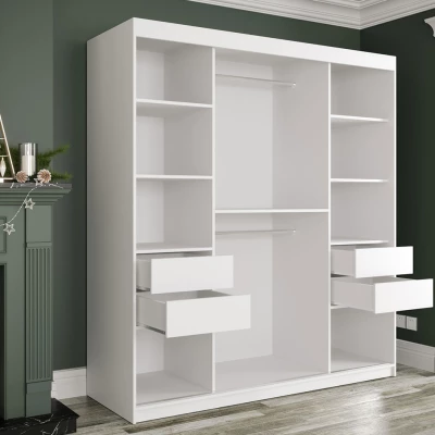 Zrkadlová šatníková skriňa 180 cm so zrkadlom a šuplíkmi CARSON 1 - biely mramor / čierna / zlatá