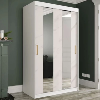 Úzka šatníková skriňa 120 cm so zrkadlom a šuplíkmi CARSON 1 - biely mramor / biela / zlatá