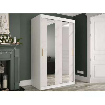 Úzka šatníková skriňa 120 cm so zrkadlom a šuplíkmi CARSON 1 - biely mramor / biela / zlatá