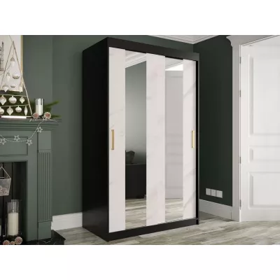Úzka šatníková skriňa 120 cm so zrkadlom a šuplíkmi CARSON 1 - biely mramor / čierna / zlatá