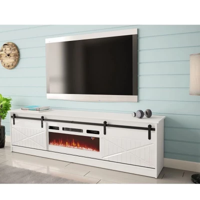 TV stolík s elektrickým krbom MITSUKO - biely / lesklý biely