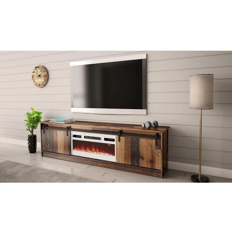 TV stolík s elektrickým krbom MITSUKO - old wood / biely