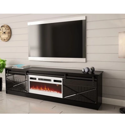 TV stolík s elektrickým krbom MITSUKO - čierny / lesklý čierny / biely