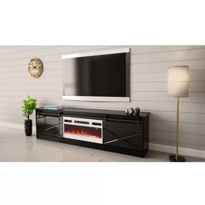 TV stolík s elektrickým krbom MITSUKO - čierny / lesklý čierny / biely