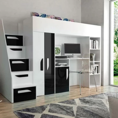 Zvýšená multifunkčná posteľ 90x200 GRACLA - biela / lesklá biela / lesklá čierna