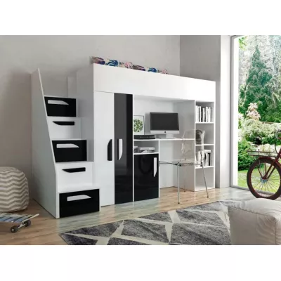 Zvýšená multifunkčná posteľ 90x200 GRACLA - biela / lesklá biela / lesklá čierna