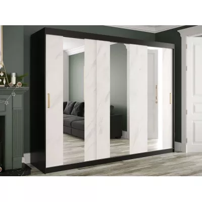 Šatníková skriňa 250 cm so zrkadlom a šuplíkmi CARSON 4 - biely mramor / čierna / zlatá