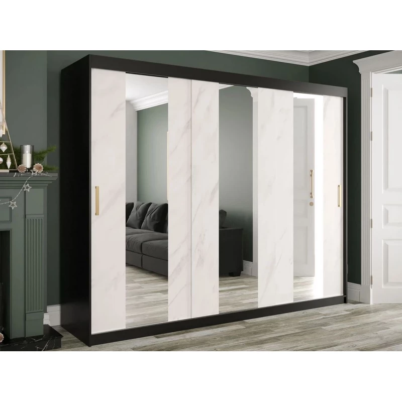 Zrkadlová šatníková skriňa 250 cm so zrkadlom CARSON 4 - biely mramor / čierna / zlatá Zrkadlová šatníková skriňa 250 cm so zrkadlom CARSON 4 - biely mramor / čierna / zlatá