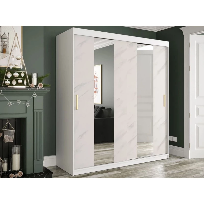 Zrkadlová šatníková skriňa 180 cm so zrkadlom CARSON 4 - biely mramor / biela / zlatá Zrkadlová šatníková skriňa 180 cm so zrkadlom CARSON 4 - biely mramor / biela / zlatá