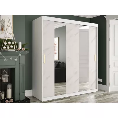 Zrkadlová šatníková skriňa 180 cm so zrkadlom CARSON 4 - biely mramor / biela / zlatá