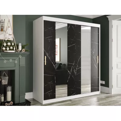 Zrkadlová šatníková skriňa 180 cm so zrkadlom CARSON 4 - čierny mramor / biela / zlatá