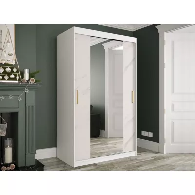 Úzka šatníková skriňa 120 cm so zrkadlom a šuplíkmi CARSON 3 - biely mramor / biela / zlatá