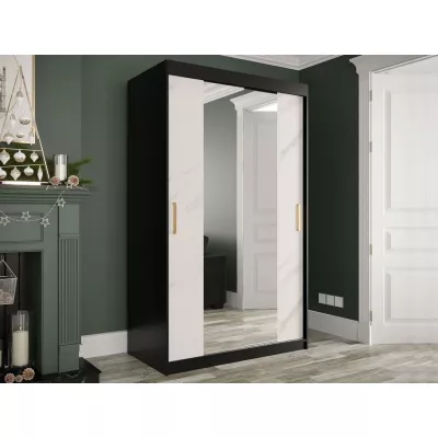 Úzka šatníková skriňa 120 cm so zrkadlom a šuplíkmi CARSON 3 - biely mramor / čierna / zlatá