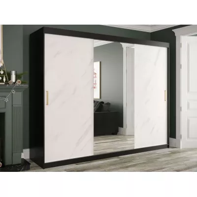 Šatníková skriňa 250 cm so zrkadlom CARSON 3 - biely mramor / čierna / zlatá