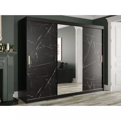 Zrkadlová šatníková skriňa 250 cm so zrkadlom CARSON 3 - čierny mramor / čierna / zlatá