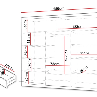 Trojdverová šatníková skriňa 250 cm so zrkadlom URACOA - dub sonoma