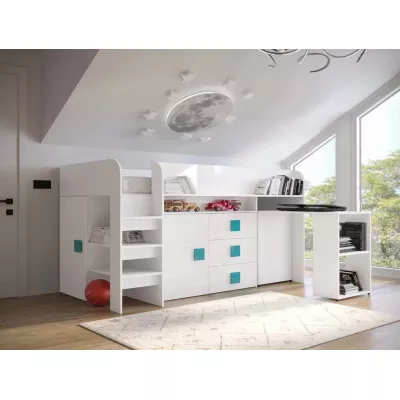 Zvýšená multifunkčná detská posteľ 90x200 LANKA 1 - biela / lesklá biela / tyrkysová