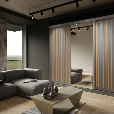 Šatníková skriňa so zrkadlom 250/62 KAREN - šedá / dub wotan