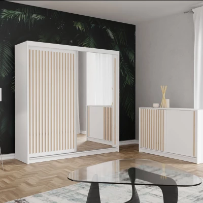 Široká komoda s dvierkami KAREN - biela / dub wotan