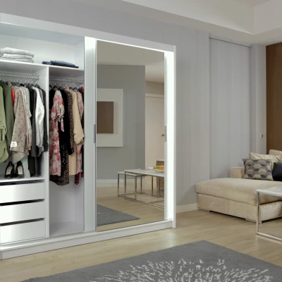 Šatníková skriňa so zrkadlom 203/62 KAILAN - biela matná / biela lesklá