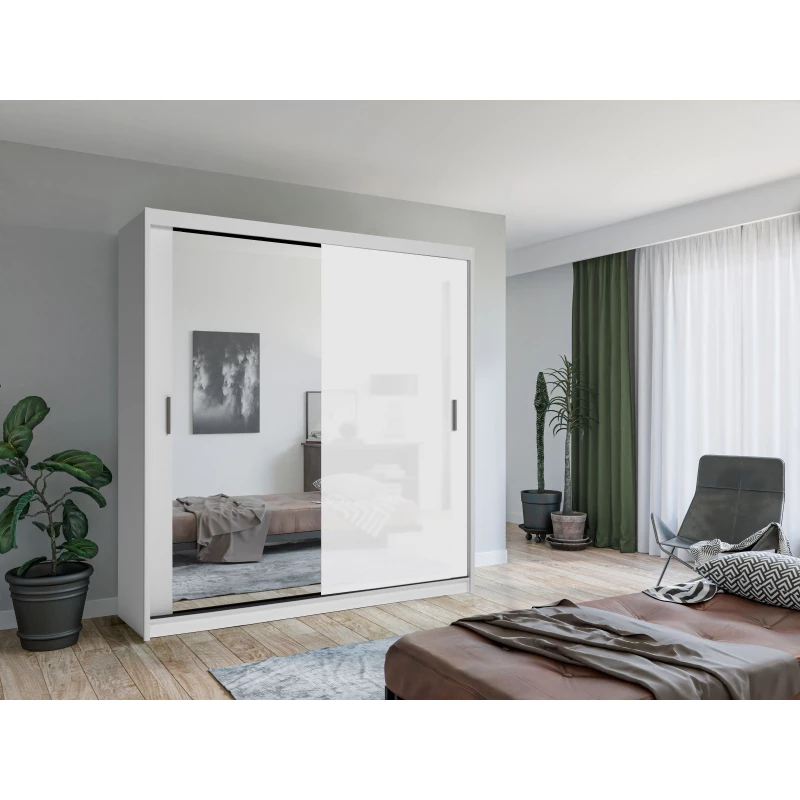 Šatníková skriňa so zrkadlom 203/62 KAILAN - biela matná / biela lesklá