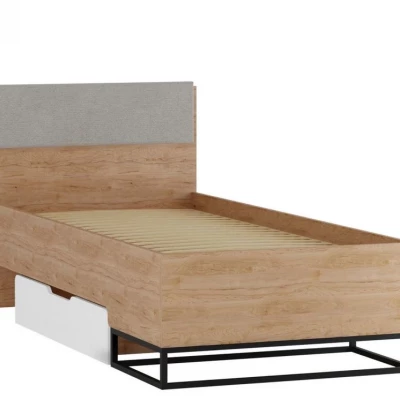 Jednolôžková posteľ s úložným priestorom 90x200 FABENS - orech hickory / matná biela / šedá