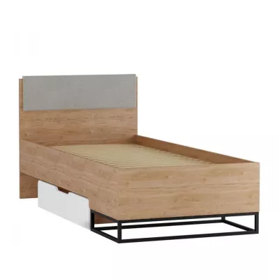 Jednolôžková posteľ s úložným priestorom 90x200 FABENS - orech hickory / matná biela / šedá