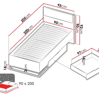 Jednolôžková posteľ s úložným priestorom 90x200 FABENS - orech hickory / matná biela / šedá