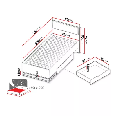 Jednolôžková posteľ s úložným priestorom 90x200 FABENS - orech hickory / matná biela / šedá