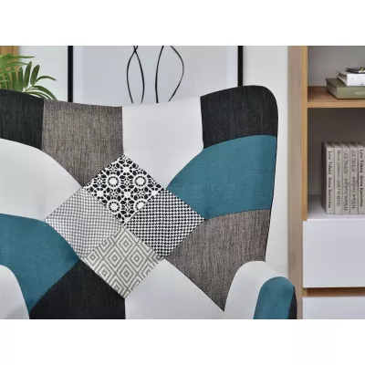 Čalúnené kreslo TIAGO - modrý patchwork / buk
