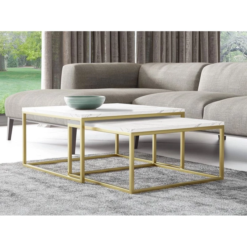 Set 2x konferenčný stolík RYSIA - zlatý / biely mramor