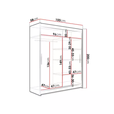 Úzka šatníková skriňa 100 cm so zrkadlom ARAPO 4 - biela / dub sonoma