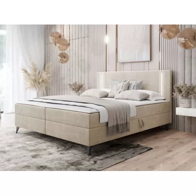 Americká manželská posteľ 160x200 s LED osvetlením FIDOREA - svetlá béžová + topper ZDARMA