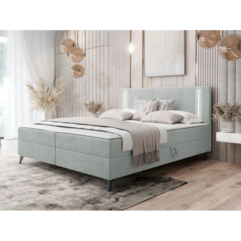 Americká manželská posteľ 180x200 s LED osvetlením FIDOREA - šedostrieborná + topper ZDARMA