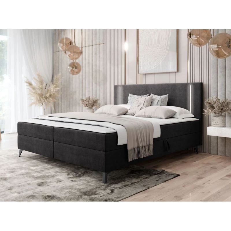Americká manželská posteľ 180x200 s LED osvetlením FIDOREA - čierna + topper ZDARMA