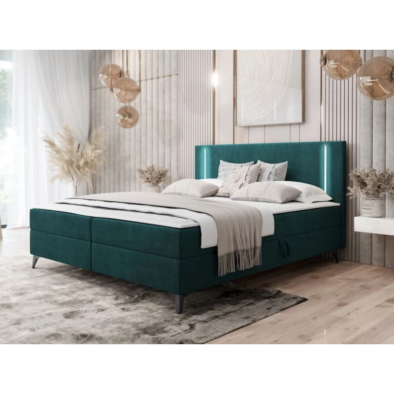 Americká manželská posteľ 180x200 s LED osvetlením FIDOREA - tyrkysová + topper ZDARMA