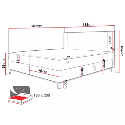 Americká manželská posteľ 180x200 s LED osvetlením FIDOREA - staroružová + topper ZDARMA