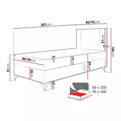 Americká jednolôžková posteľ 80x200 FIDOREA - čierna, pravé prevedenie + topper ZDARMA