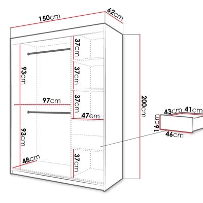 Šatníková skriňa 150 cm s posuvnými dverami a šuplíkmi ORIOT - čierna / dub artisan