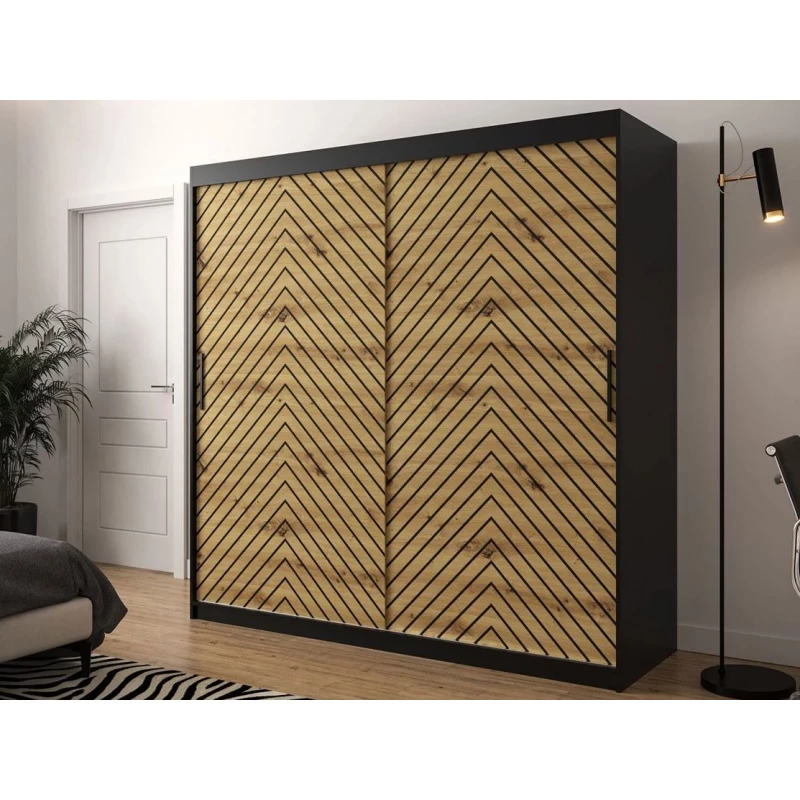 Vysoká šatníková skriňa 200 cm s posuvnými dverami a šuplíkmi ORIOT - čierna / dub artisan