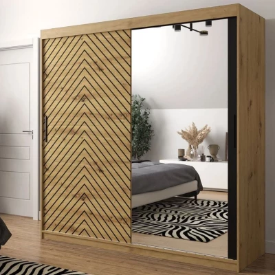 Vysoká šatníková skriňa 200 cm so zrkadlom ORIOT - dub artisan / čierna
